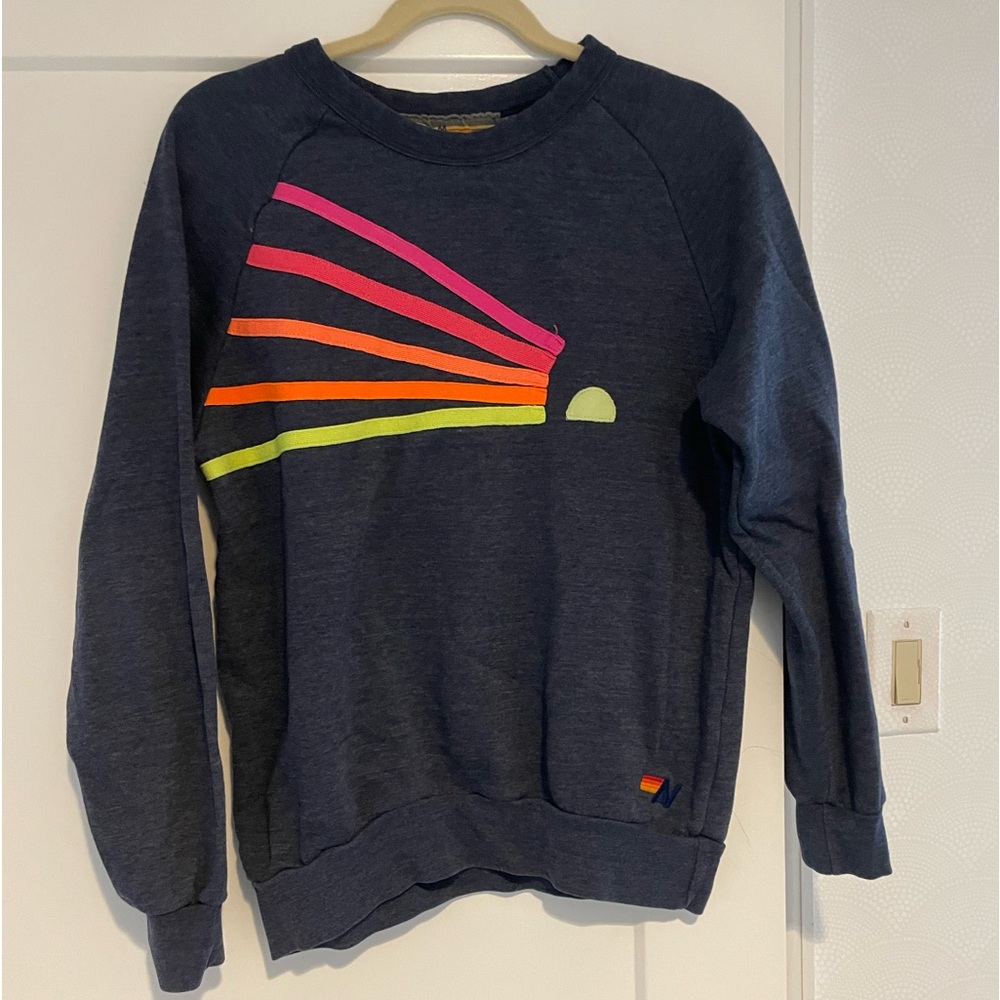Aviator Nation 5 Stripe Daydream Rainbow Sun Blue Sweatshirt Top